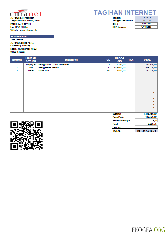 Indonesia Citranet utility bill template in Word and PDF formats